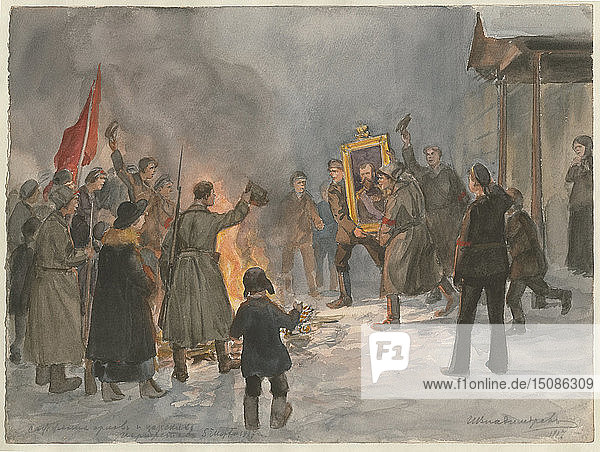 Soldiers burning paintings (from the series of watercolors Russian revolution) 1917. Artist: Vladimirov Ivan Alexeyevich (1869-1947)