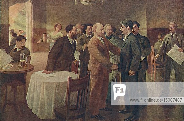 Erstes Treffen von Lenin und Stalin  Tammerfors (Finnland)  Dezember 1905   (1939). Schöpfer: I. Vepkhvadze.