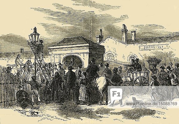 Verkauf des Hyde Park Turnpike   um 1876. Schöpfer: Unbekannt.