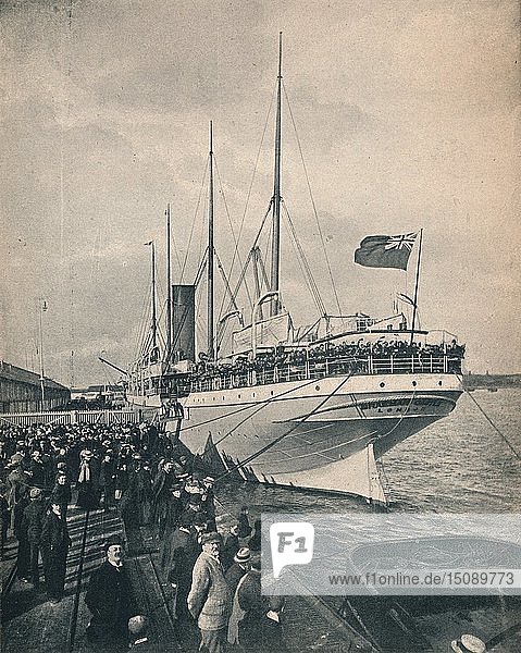 'The 'Braemar Castle' off to the Cape  with Troops'  c1900. Creator: Unknown.
