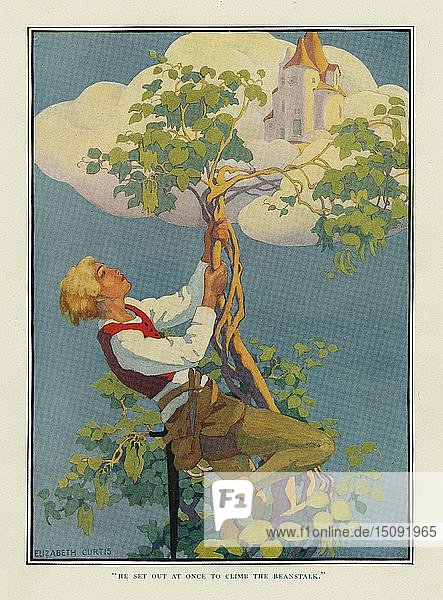 Er machte sich sofort auf den Weg  um die Bohnenstange zu erklimmen  aus Stoke's Wonder Book of Fairy Tales  published. 1917. Schöpfer: Elizabeth Curtis.