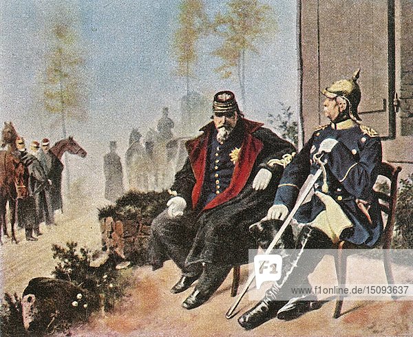 Napoleon III. und Bismarck in der Weberhütte in Donchery  2. September 1870  (1936). Schöpfer: Unbekannt.