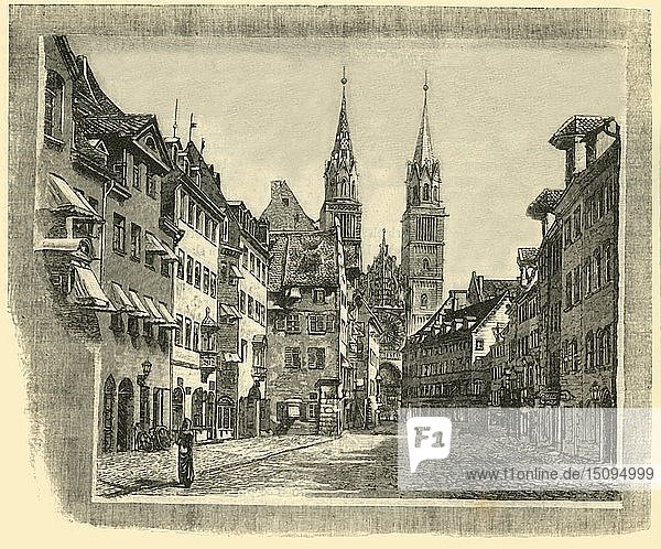 Karolinen-Straße und St. Lorenz-Kirche  Nürnberg  1890. Schöpfer: Unbekannt.
