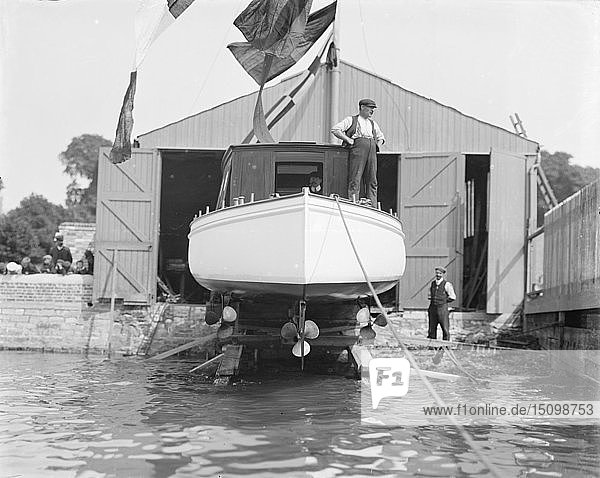 Saunders' motor launch on slipway ready for launching  1908. Creator: Kirk & Sons of Cowes.