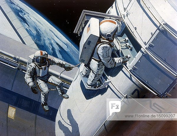Space Shuttle - Künstlerisches Konzept eines Weltraumspaziergangs  1980er Jahre. Schöpfer: NASA.