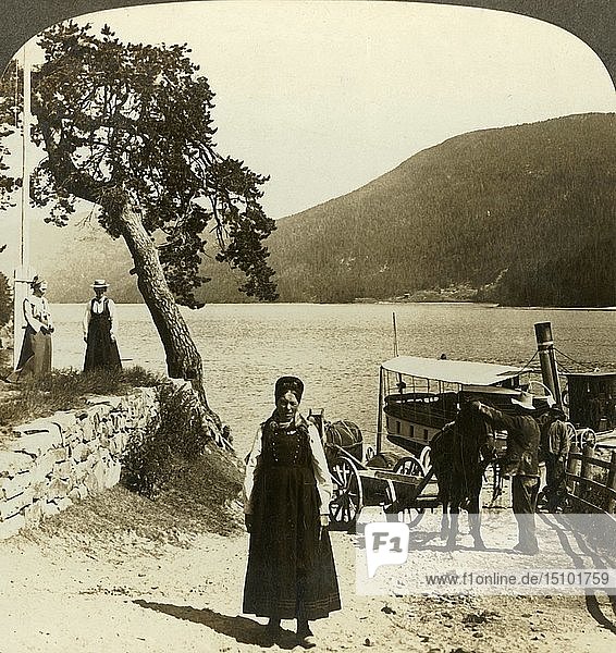 'When the lake steamer calls at Tinoset pier - view across Tinsjo to the hills Norwway' c1905. Creator: Unknown.