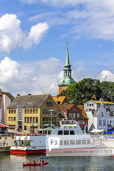 View to the old town with ferry in the foreground  Kappeln  Germany