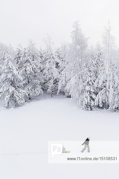 Finnland  Kuopio  Mutter und Tochter mit Schlitten im Winterwald