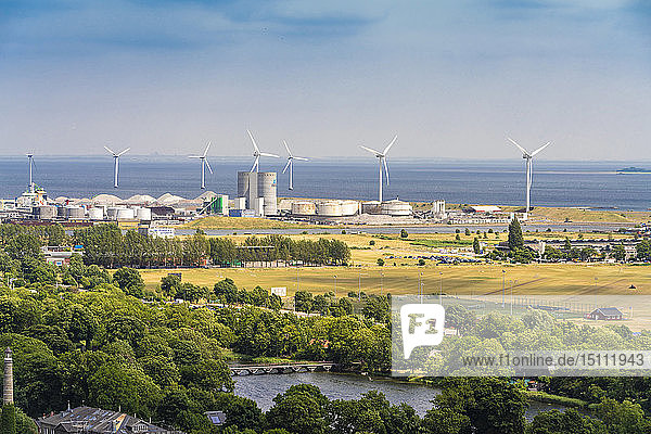 View of Provestenen with wind turbines Copenhagen Denmark