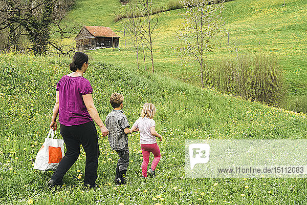 Mutter mit zwei Kindern beim Spaziergang auf der Wiese auf dem Land