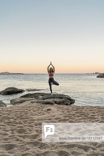 Junge Frau praktiziert Yoga am Strand  in Baumpose  während des Sonnenuntergangs am ruhigen Strand  Costa Brava  Spanien
