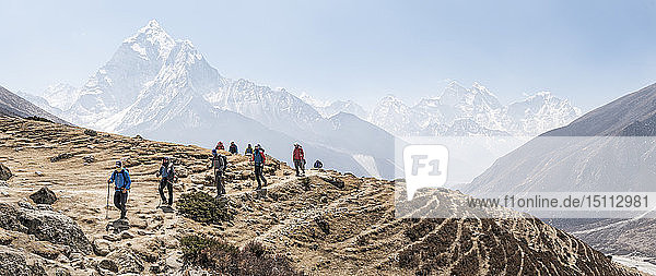 Nepal  Solo Khumbu  Everest  Group of mounaineers hiking at Dingboche