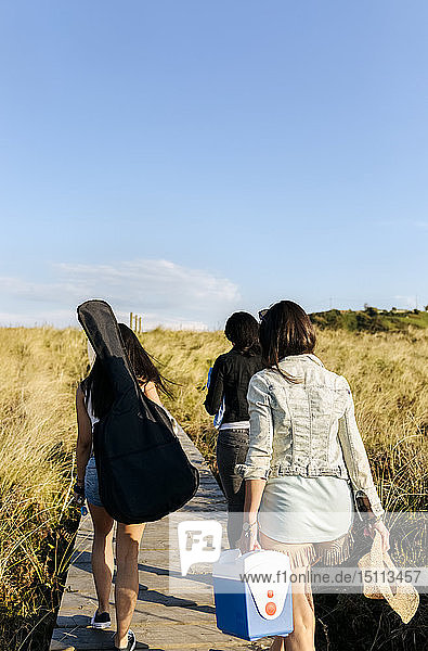 Rückansicht von Frauen mit Gitarrentasche  die in den Dünen Richtung Strand laufen
