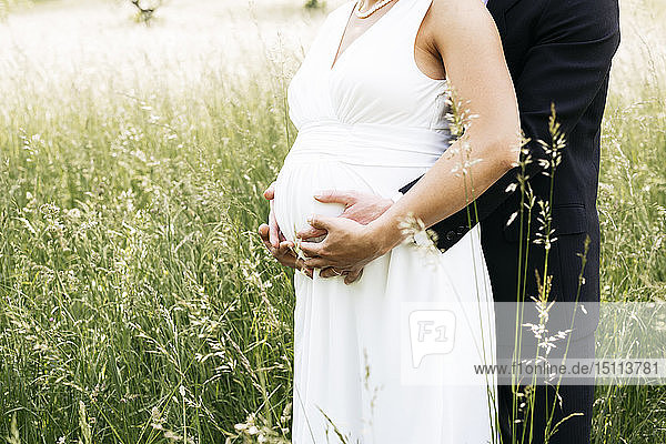 Schwangere Braut mit ihrem Ehemann hält Babybauch auf einer Wiese
