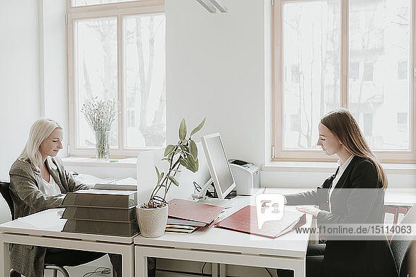 Zwei junge Frauen arbeiten am Schreibtisch im Büro