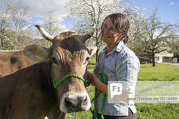 Lächelnder Landwirt mit einer Kuh auf der Weide