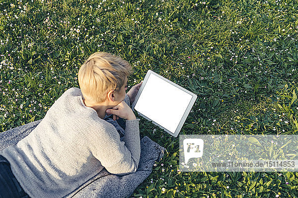 Junge Frau liegt auf einer Wiese und benutzt ein digitales Tablett