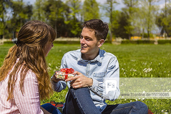 Junge Frau überreicht ihrem Freund in einem Park ein Geschenk