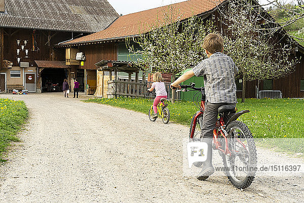 Mädchen und Junge fahren Fahrrad auf einem Bauernhof