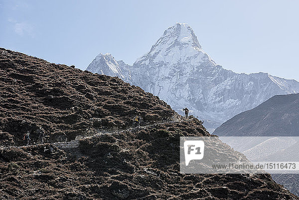 Nepal  Solo Khumbu  Everest  Mountaineers walking on Ama Dablam