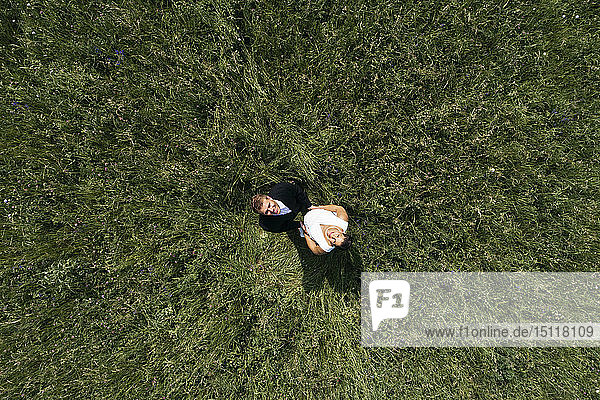 Aerial view of pregnant bride with her husband on a meadow