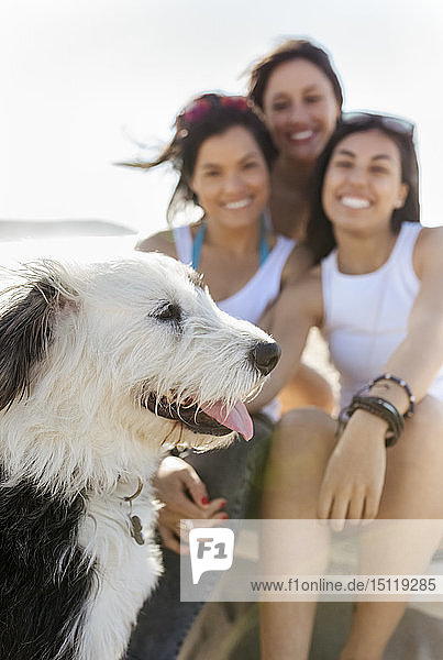 Glückliche Freundinnen mit Hund am Strand