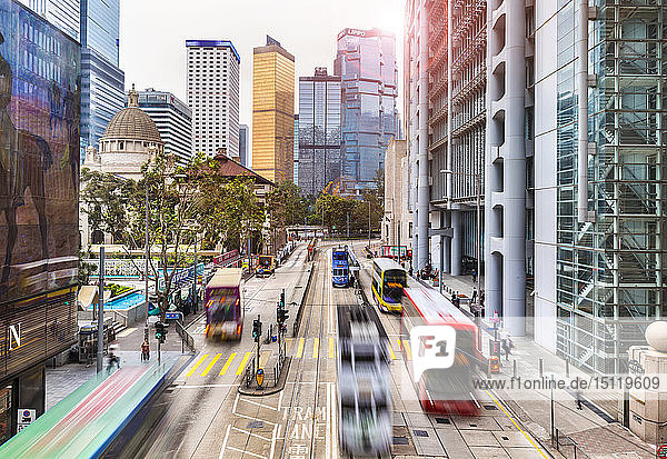 Trams and buses in Hong Kong Central  Hong Kong  China