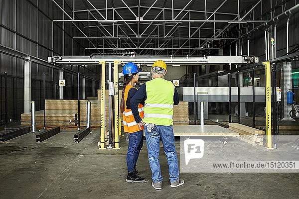 Rückansicht eines männlichen und weiblichen Arbeiters  die in einer Fabrikhalle stehen