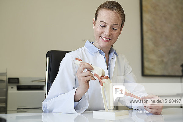 Female doctor with knee joint model in medical practice