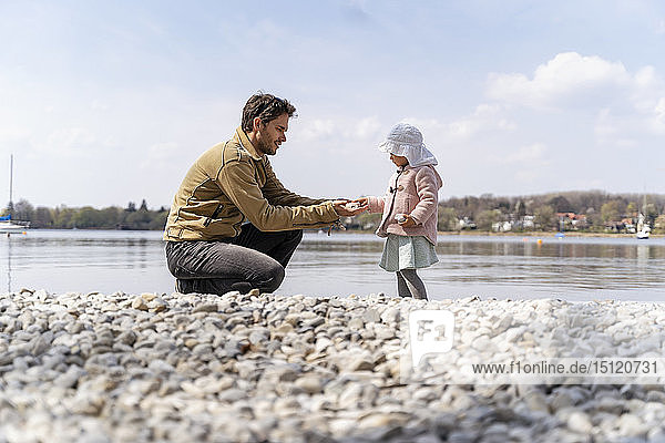 Germany  Bavaria  Herrsching  father and daughter on pebble beach at lakeshore