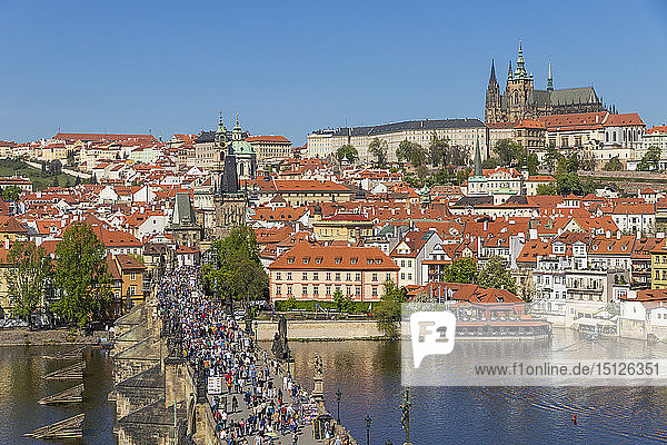 Elevated view from the Old Town Bridge Tower over Prague Castle and the Mala Strana District  Prague  Bohemia  Czech Republic  Europe