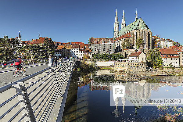Bridge over Neisse River to the old town and St. Peter and Paul Church  Goerlitz  Saxony  Germany  Europe