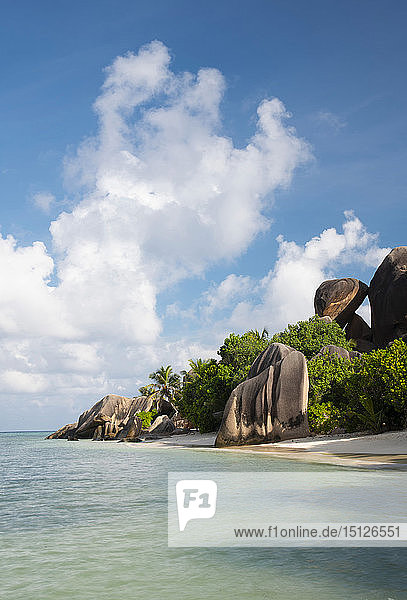 Distinctive large granite boulders and palm trees on Anse Source d'Argent La Digue Seychelles Indian Ocean Africa