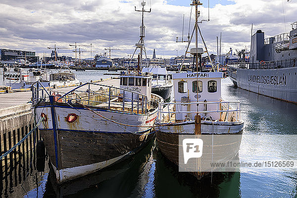 Fischerboote im alten Hafen von Reykjavik im Sommer  in der Ferne die Hallgrimskirkja  Zentralreykjavik  Island  Polarregionen