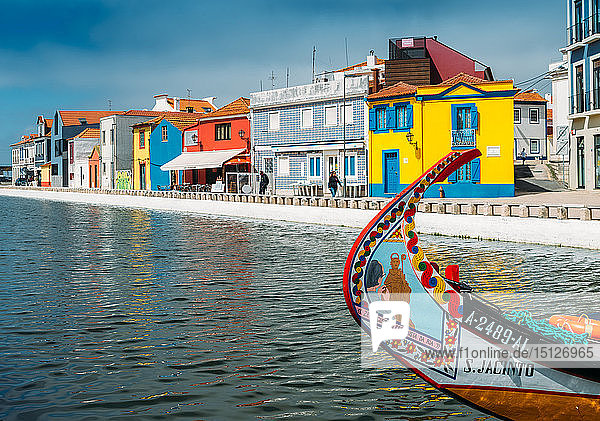 Colourful decorative Moliceiro boat typical to the town of Aveiro in Central Portugal Europe