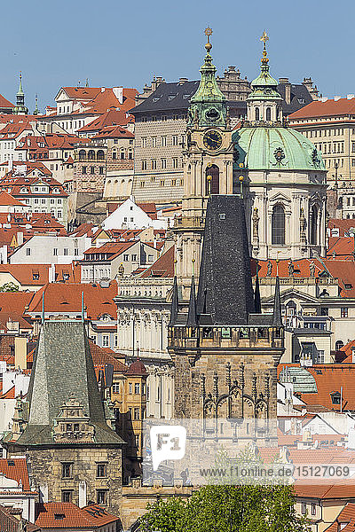 View from the old town bridge tower to the Lesser Town (Mala Strana) district  UNESCO World Heritage Site  Prague  Bohemia  Czech Republic  Europe