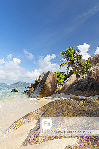Distinctive limestone rock formations on Anse Source d'Argent La Digue Seychelles Indian Ocean Africa
