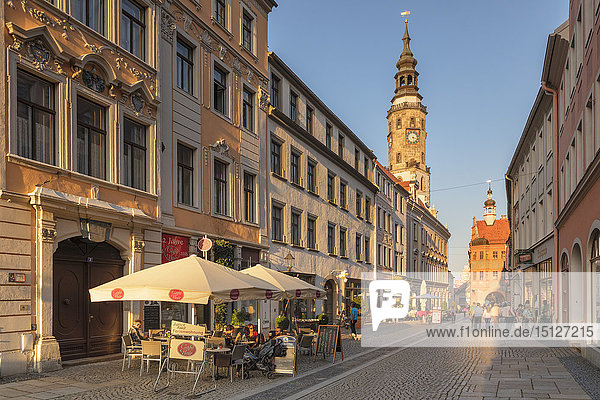 Bruederstrasse with Tower of the Old Town hall  Goerlitz  Saxony  Germany  Europe