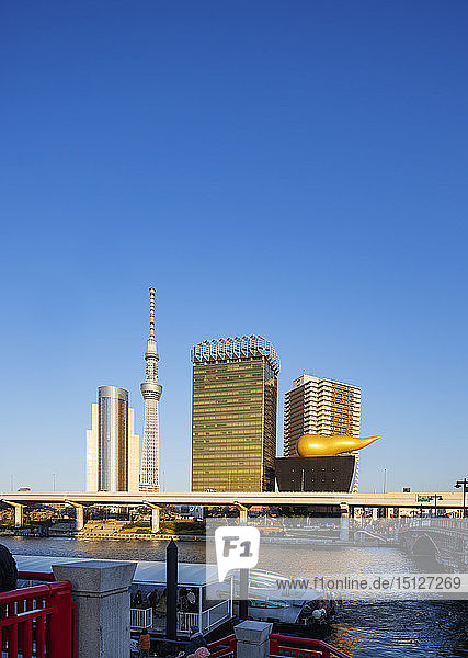 Tokyo Sky Tree Tower and Asahi beer Golden Flame (Golden Turd)  Asakusa  Tokyo  Japan  Asia