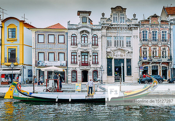 Colourful decorative Moliceiro boat typical to the town of Aveiro in Central Portugal Europe