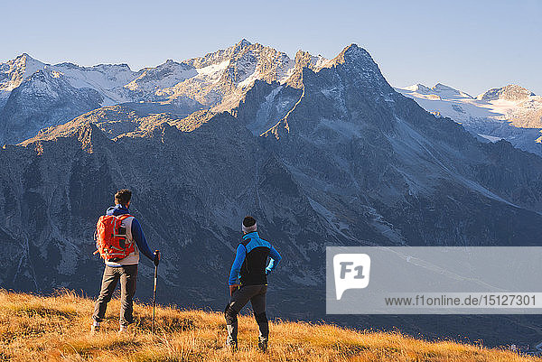 Hikers admiring the mountains in autumn season in Stelvio National Park in Brescia Province  Lombardy  Italy  Europe