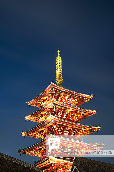 The Five Storey Pagoda at dusk next to the Senso-ji Temple in Asakusa Tokyo Honshu Japan Asia