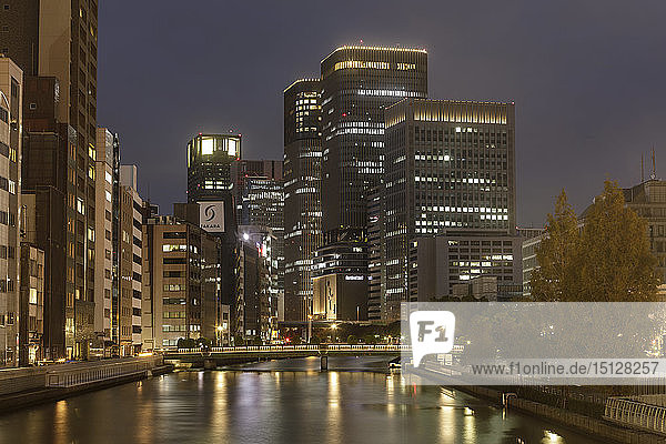 High rise office buildings in the Dotonbori area of Osaka  Japan  Asia