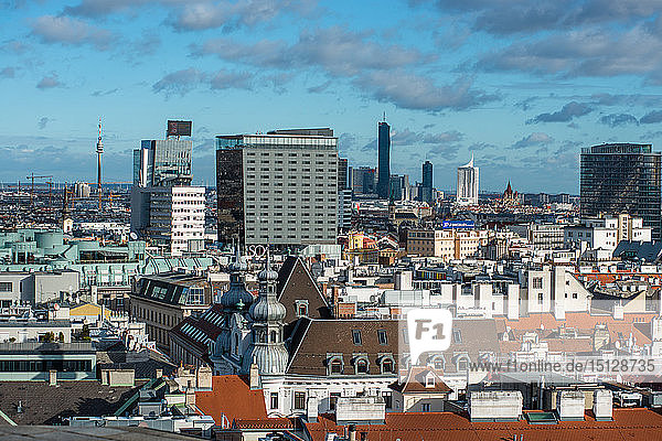 Vienna city skyline seen from the top of St. Stephens Cathedral (Stephansdom) North tower Vienna Austria Europe