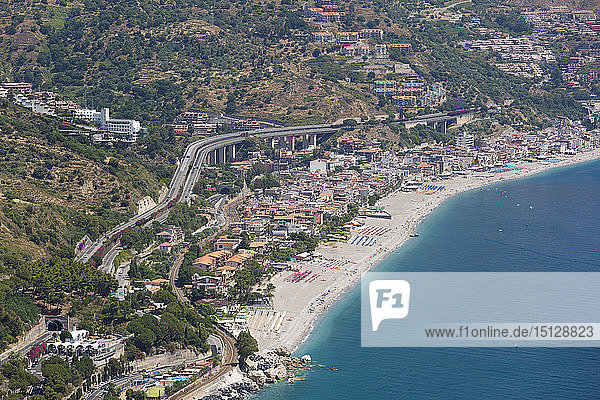 View from the Greek Theatre to the Ionian Sea beach resort of Mazzeo  Taormina  Messina  Sicily  Italy  Mediterranean  Europe