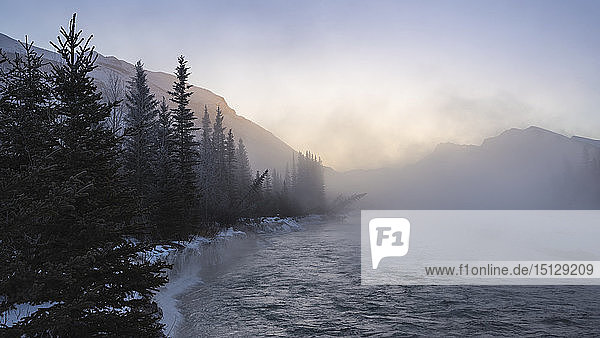 Vom Wasser des Bow River aufsteigender Nebel bei winterlichen Minusgraden  Canmore  Alberta  Kanadische Rockies  Kanada  Nordamerika
