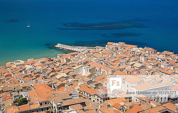 View over the colourful tiled rooftops of the Old Town from La Rocca  Cefalu  Palermo  Sicily  Italy  Mediterranean  Europe