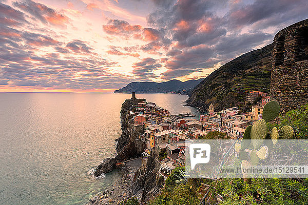 Elevated view of Vernazza at sunset Cinque Terre UNESCO World Heritage Site Liguria Italy Europe
