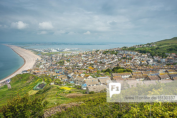 Fortuneswell and the Chesil Beach  seen from Portland Heights on the Isle of Portland  Jurassic Coast  UNESCO World Heritage Site  Dorset  England  United Kingdom  Europe