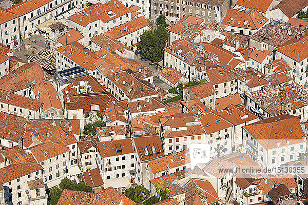 View over the tiled rooftops of the Old Town  Stari Grad  from the town walls  Kotor  Montenegro  Europe